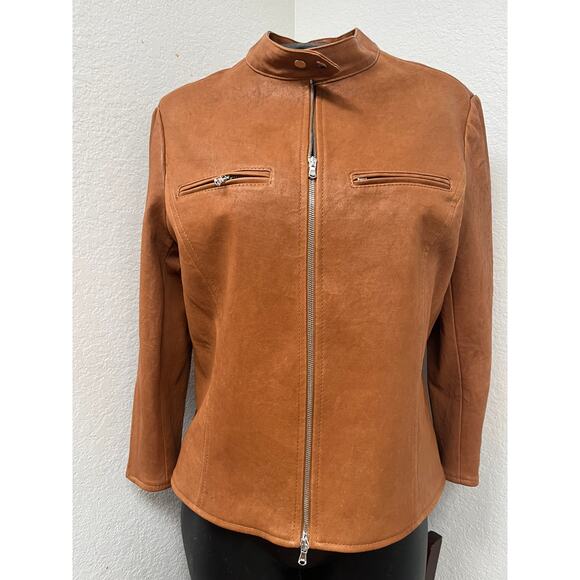 Susan Bender Stretch Leather Crop Zip Sleeve Moto Cross Jacket in Saddle 10 - Picture 2 of 5